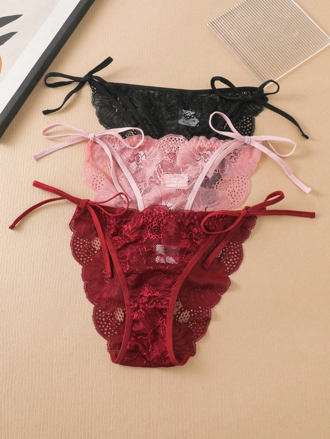 Basics 3pcs Women's Lace Thong Panties With Side Ties And Floral Details - Image 3