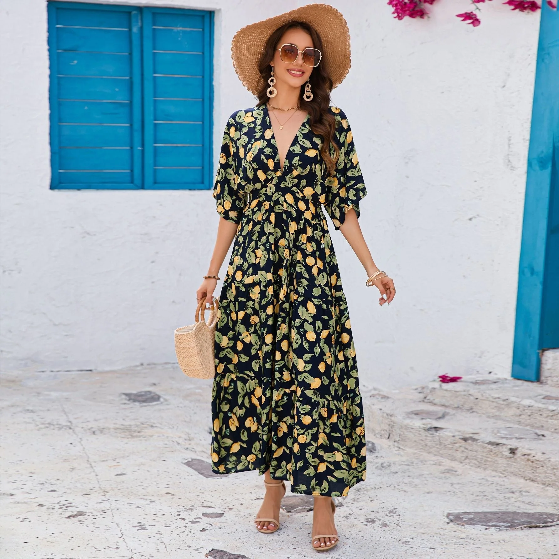Bat sleeves V-neck waist long dress beach vacation dress women - Image 3