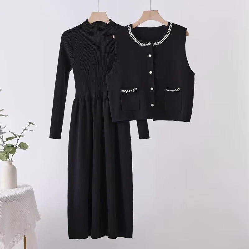 Beaded vest long dress stacked two-piece knitted dress FD