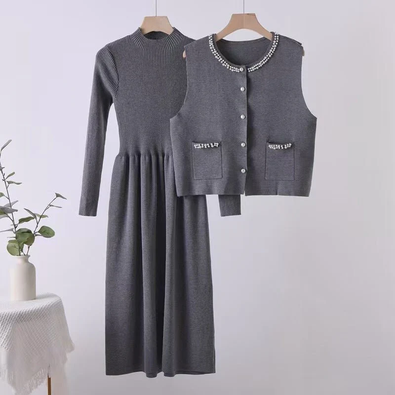 Beaded vest long dress stacked two-piece knitted dress FD - Image 2