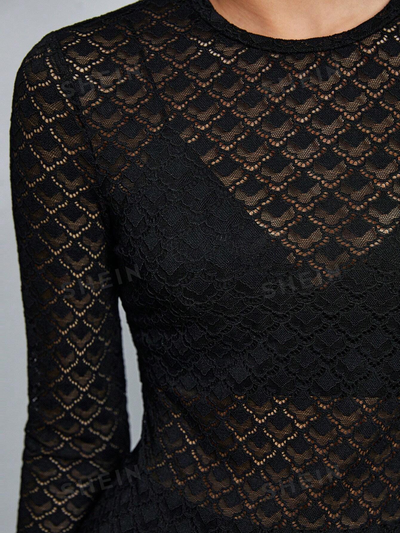 BIZwear Black Ladies' Round Neck Hollow Out Lace Top With Elasticity - Image 6