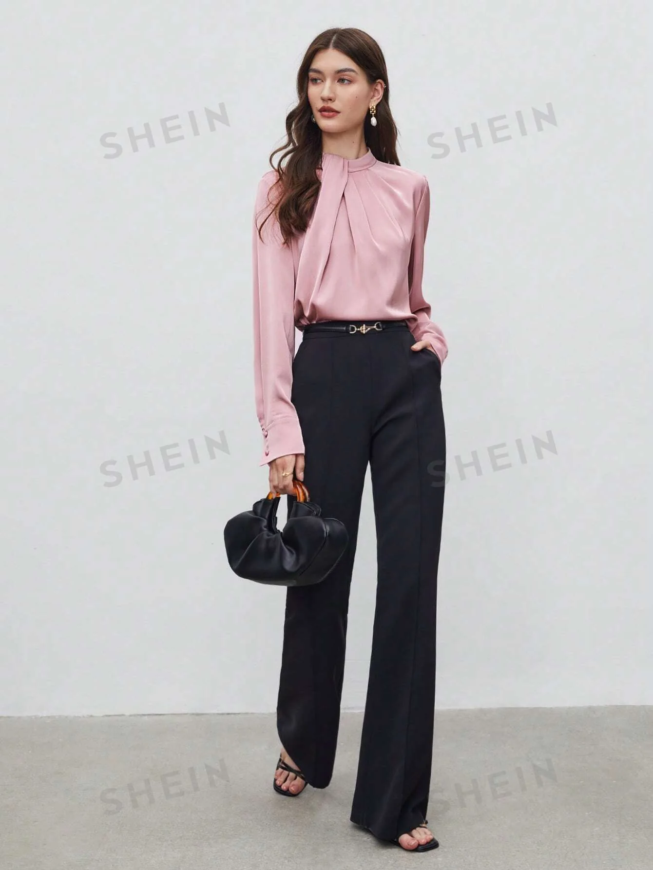 BIZwear Keyhole Back Fold Pleated Front Solid Top - Image 11