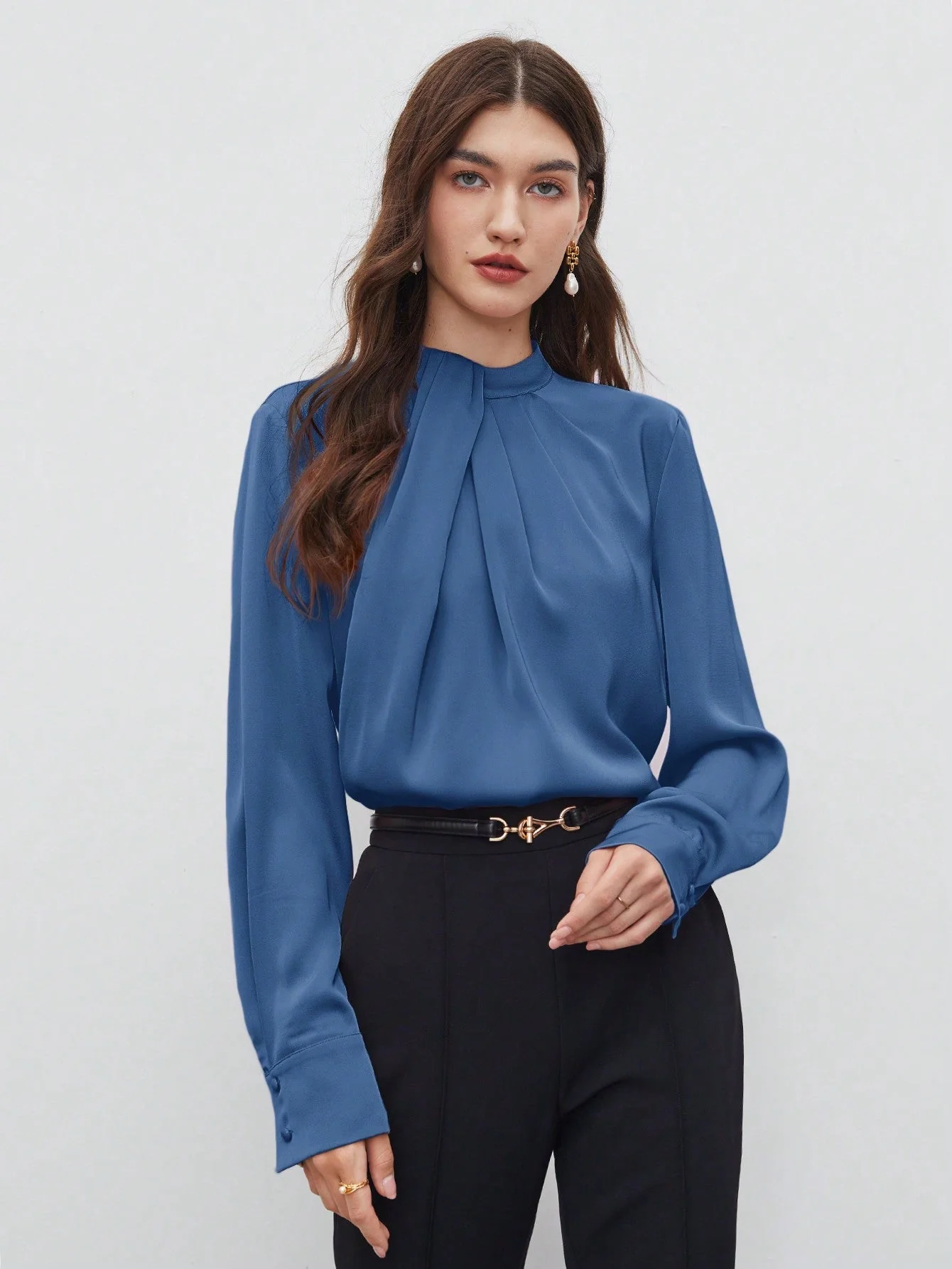 BIZwear Keyhole Back Fold Pleated Front Solid Top - Image 14