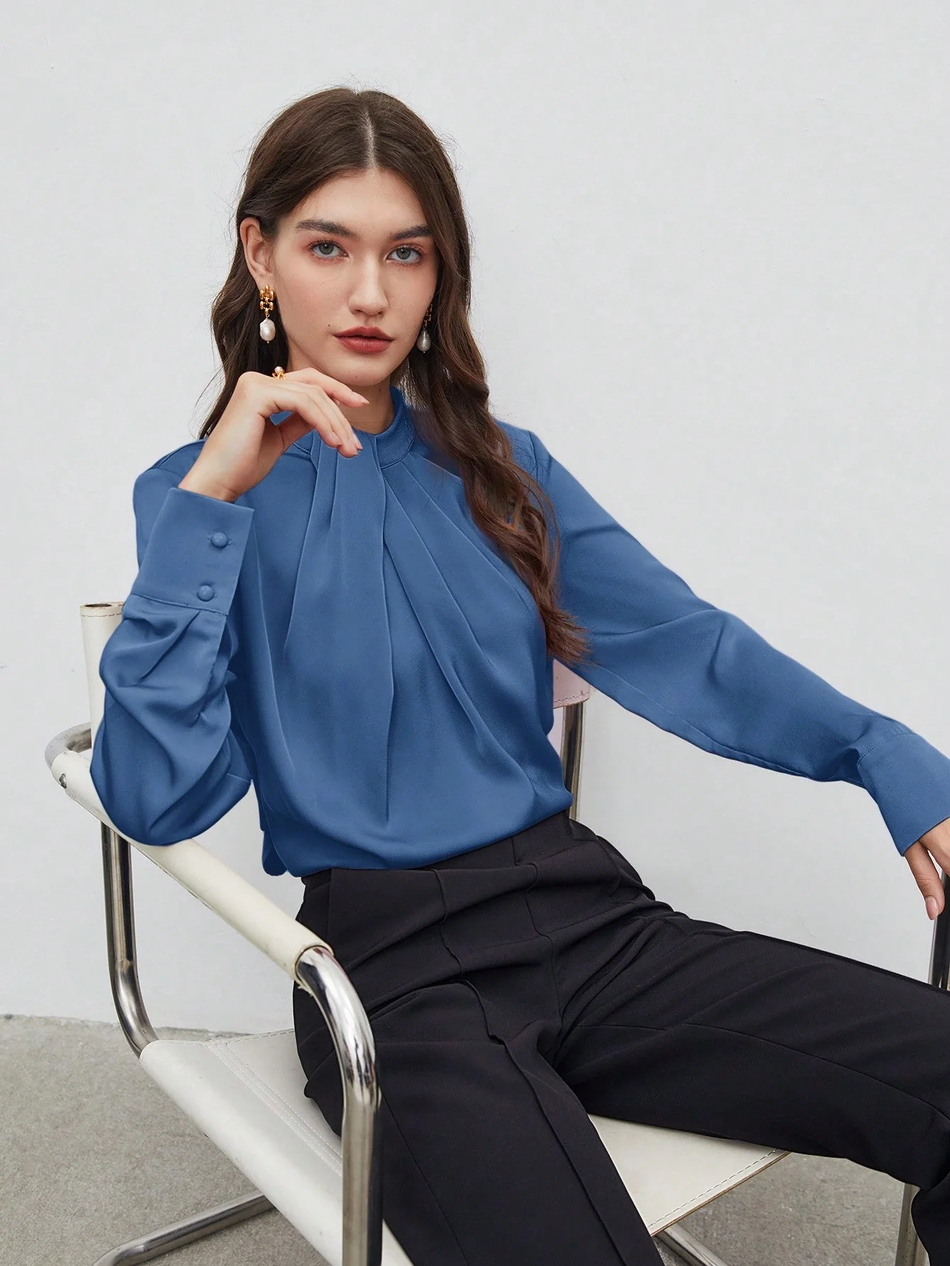 BIZwear Keyhole Back Fold Pleated Front Solid Top - Image 16