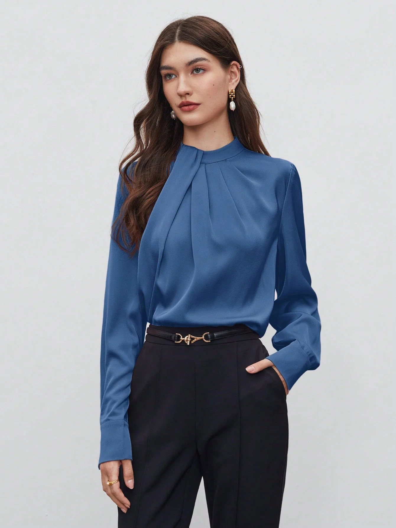 BIZwear Keyhole Back Fold Pleated Front Solid Top - Image 2