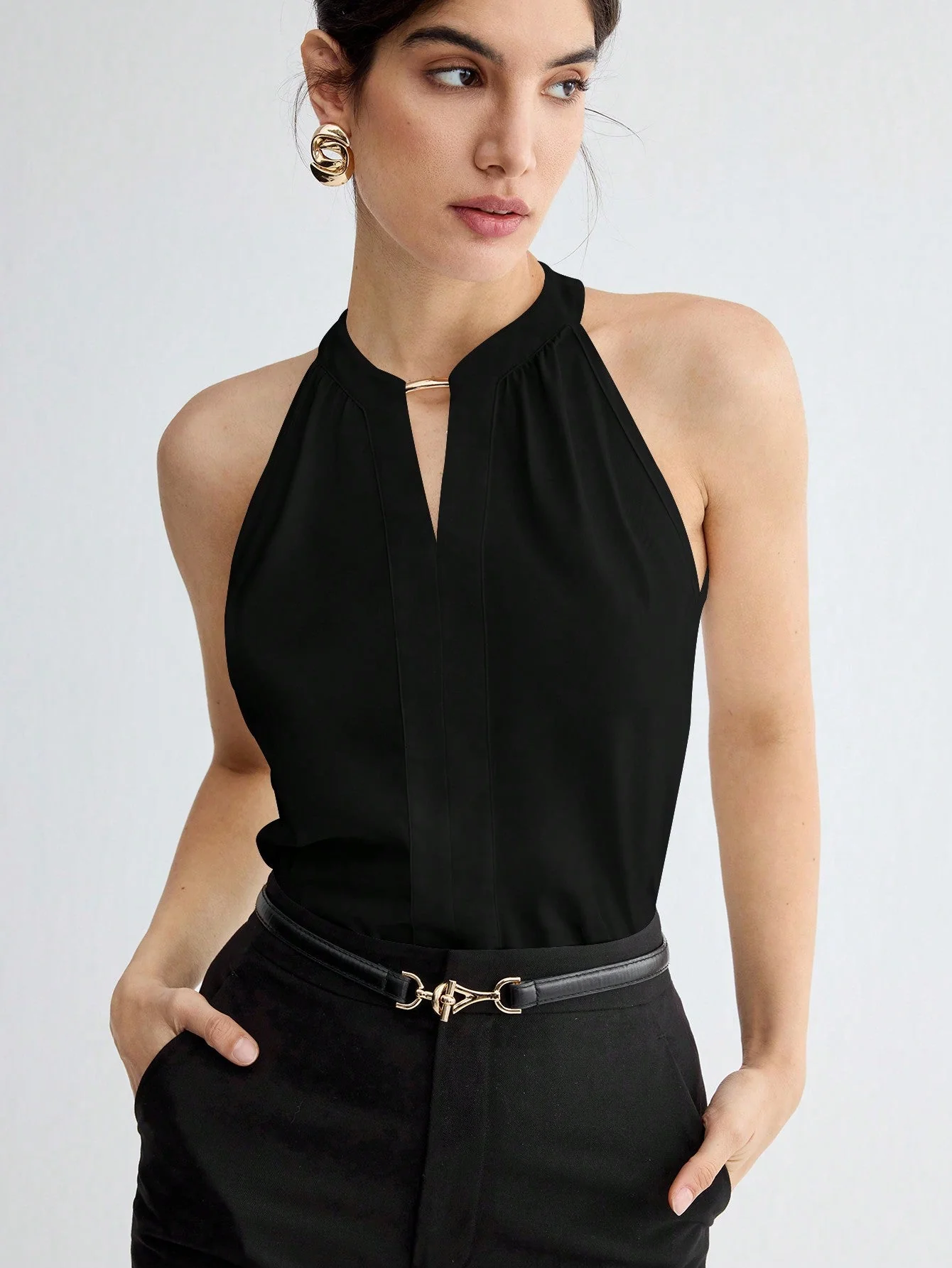 BIZwear Women Summer Solid Color Halter Neck Elegant Sleeveless Top - Image 4