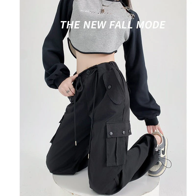 Black overalls women's pants women's spring and autumn high waist wide leg sweatpants slim casual straight sports pants