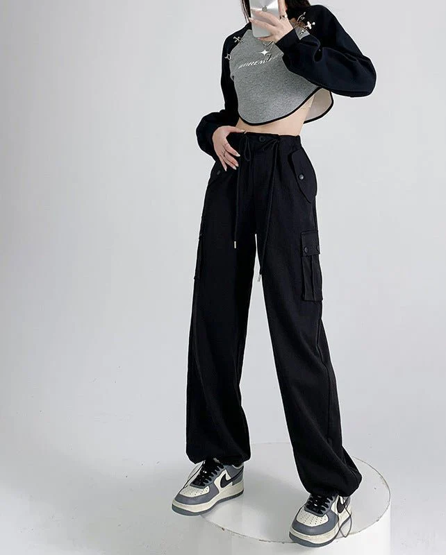 Black overalls women's pants women's spring and autumn high waist wide leg sweatpants slim casual straight sports pants - Image 10