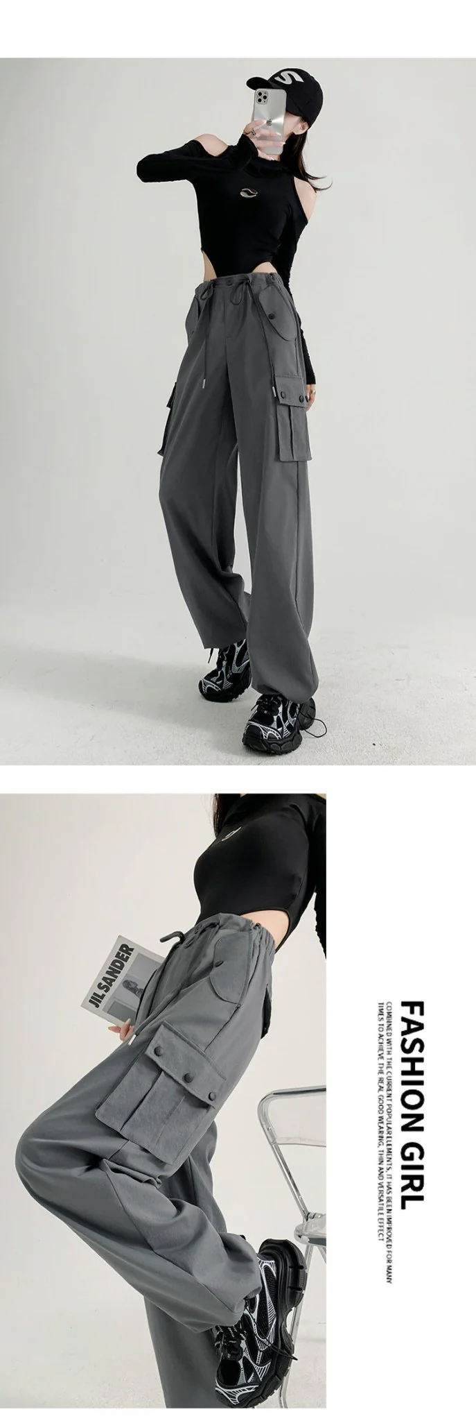 Black overalls women's pants women's spring and autumn high waist wide leg sweatpants slim casual straight sports pants - Image 12