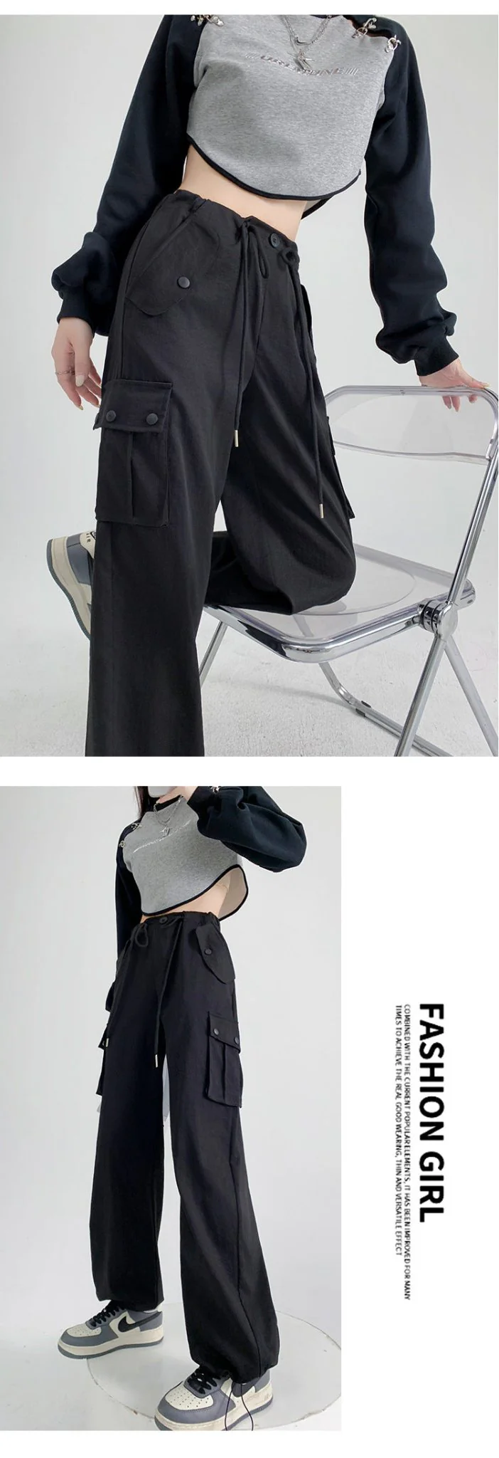 Black overalls women's pants women's spring and autumn high waist wide leg sweatpants slim casual straight sports pants - Image 18