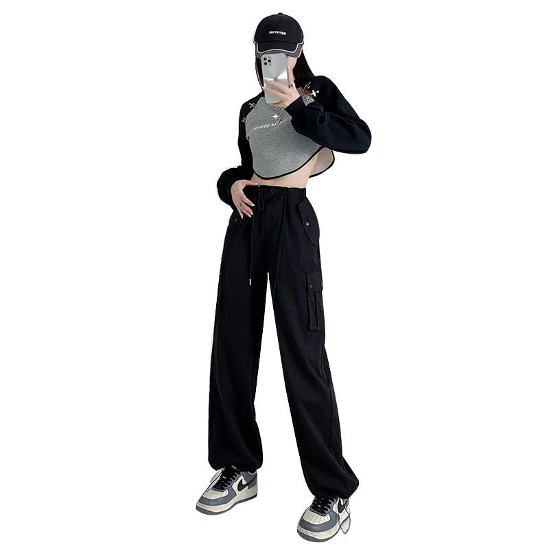 Black overalls women's pants women's spring and autumn high waist wide leg sweatpants slim casual straight sports pants - Image 6