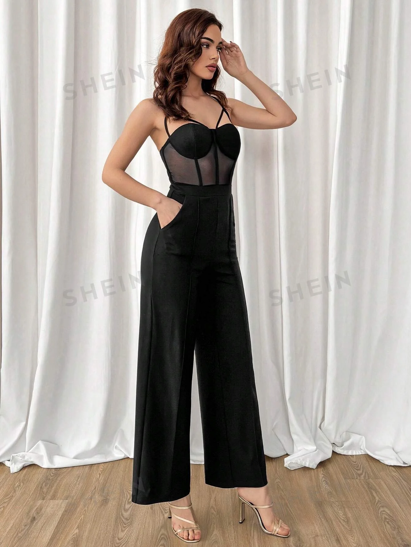Black Splicing Mesh Corset Spaghetti Strap Jumpsuit - Image 5