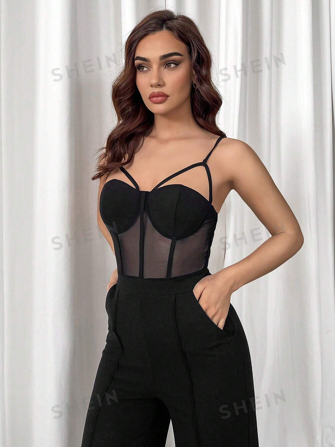 Black Splicing Mesh Corset Spaghetti Strap Jumpsuit - Image 6