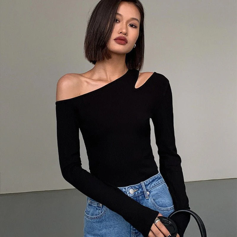 Black sxy one-shoulder off-shoulder bottoming shirt for women, all-match long-sleeved T-shirt, tight-fitting inner strapless clavicle top