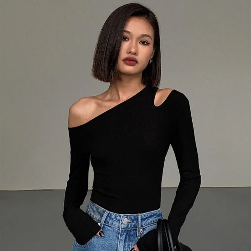 Black sxy one-shoulder off-shoulder bottoming shirt for women, all-match long-sleeved T-shirt, tight-fitting inner strapless clavicle top - Image 11