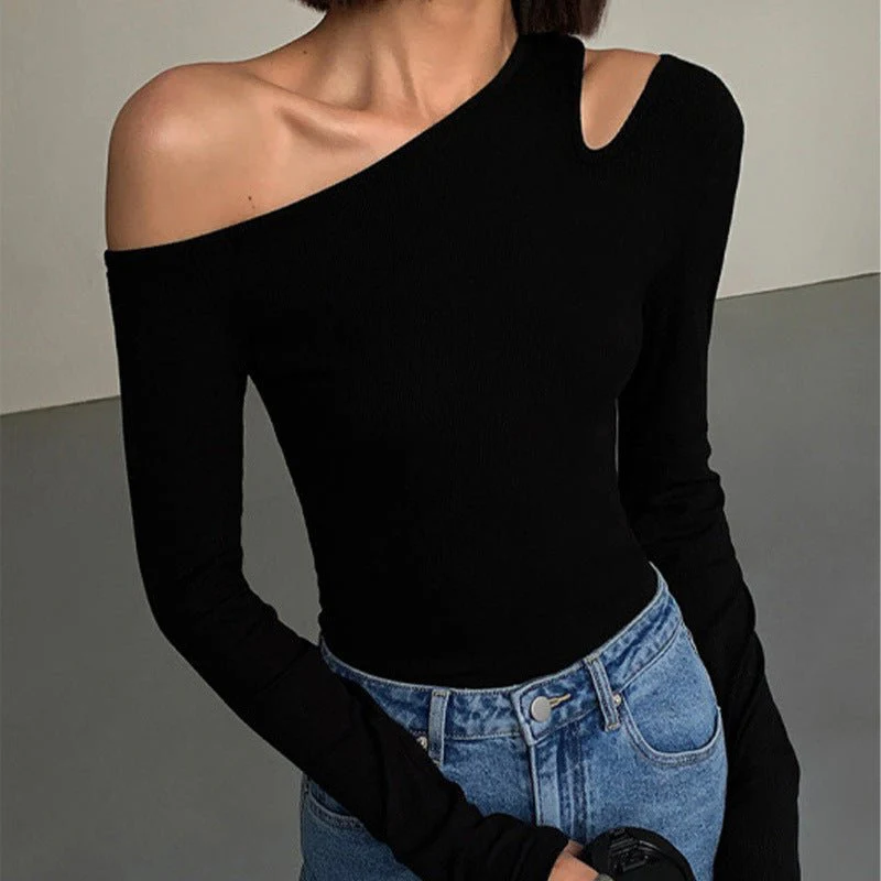 Black sxy one-shoulder off-shoulder bottoming shirt for women, all-match long-sleeved T-shirt, tight-fitting inner strapless clavicle top - Image 12