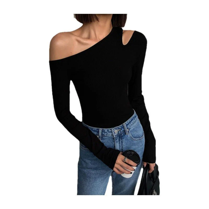 Black sxy one-shoulder off-shoulder bottoming shirt for women, all-match long-sleeved T-shirt, tight-fitting inner strapless clavicle top - Image 7