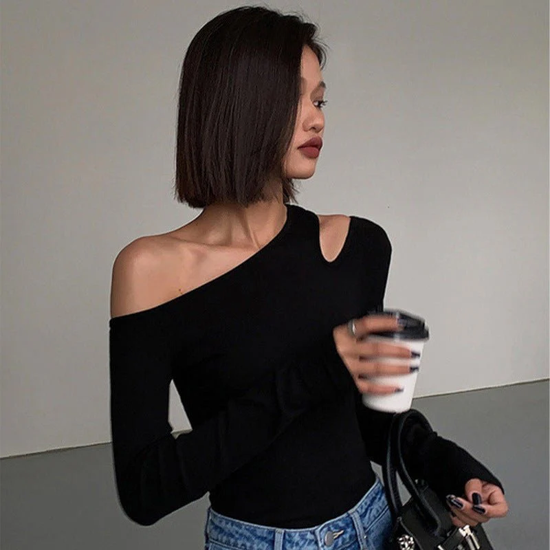 Black sxy one-shoulder off-shoulder bottoming shirt for women, all-match long-sleeved T-shirt, tight-fitting inner strapless clavicle top FD - Image 10