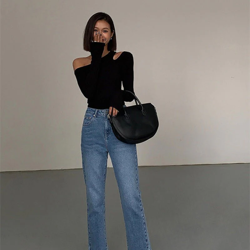 Black sxy one-shoulder off-shoulder bottoming shirt for women, all-match long-sleeved T-shirt, tight-fitting inner strapless clavicle top FD - Image 13