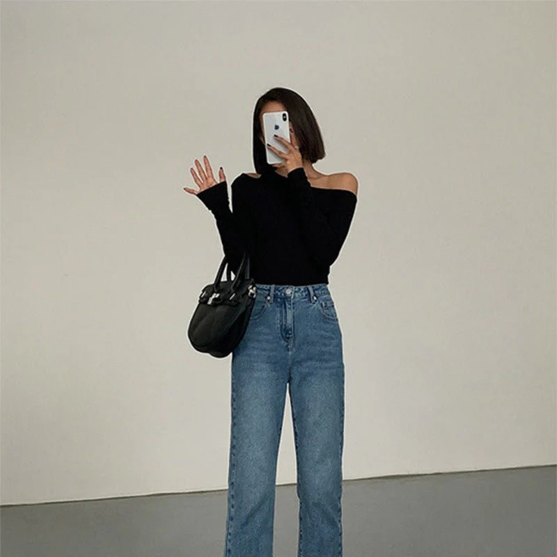 Black sxy one-shoulder off-shoulder bottoming shirt for women, all-match long-sleeved T-shirt, tight-fitting inner strapless clavicle top FD - Image 4