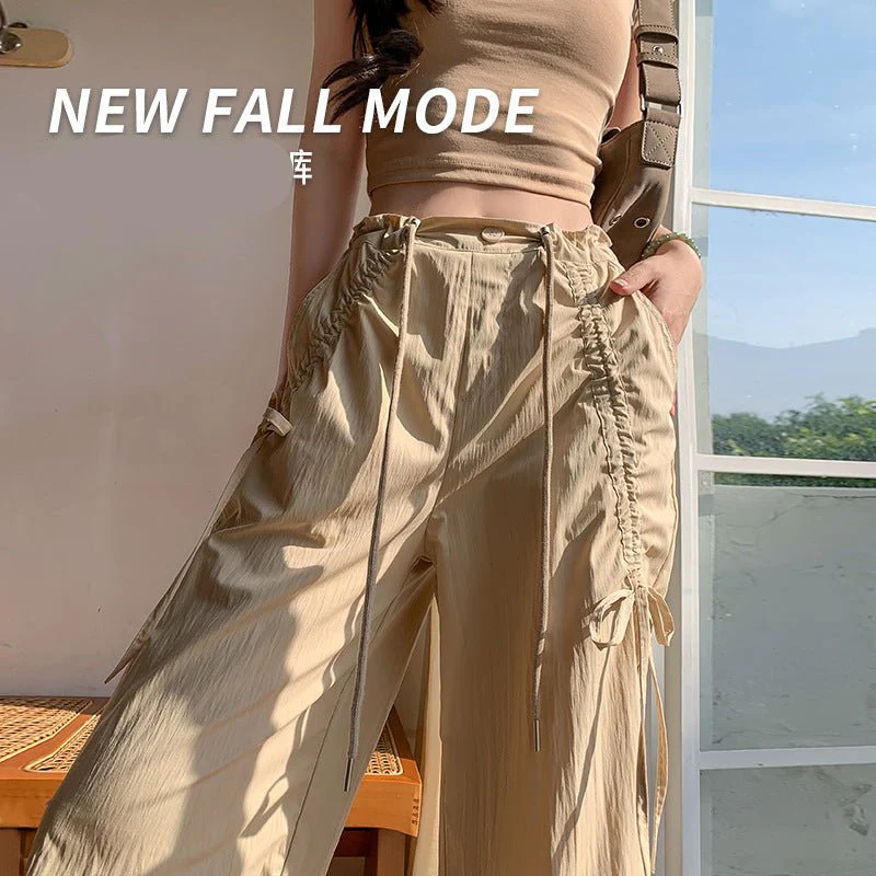 Bow overalls women's spring and autumn 2025 new high-waisted drawstring wide-leg pants quick-drying American sweatpants