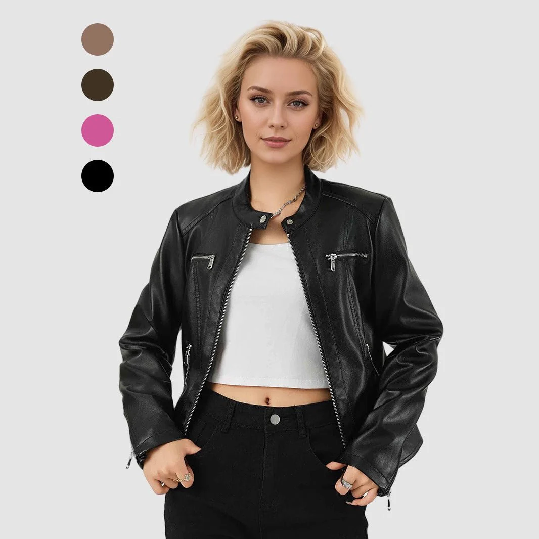 Burgundy Edge | Women's PU Leather Zipper Jacket