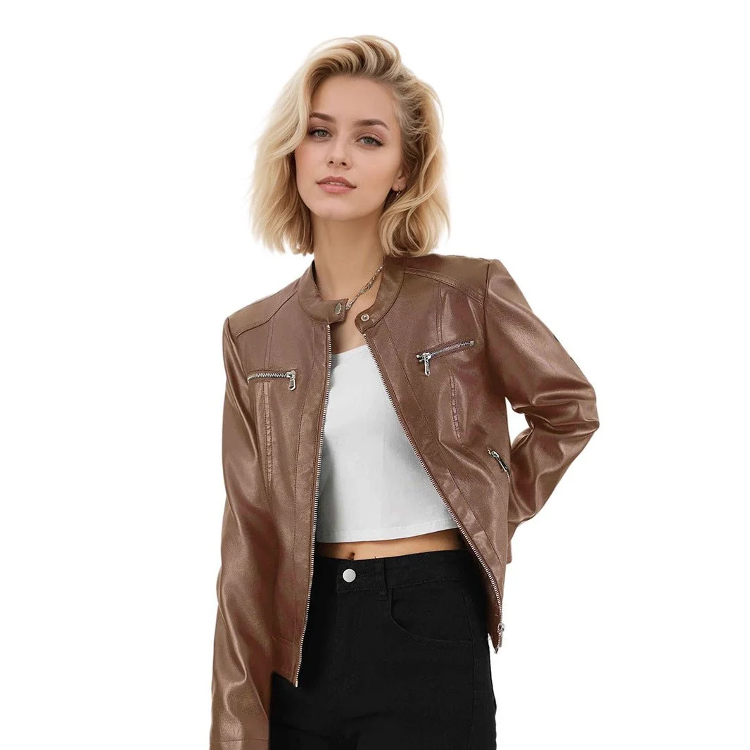 Burgundy Edge | Women's PU Leather Zipper Jacket - Image 3