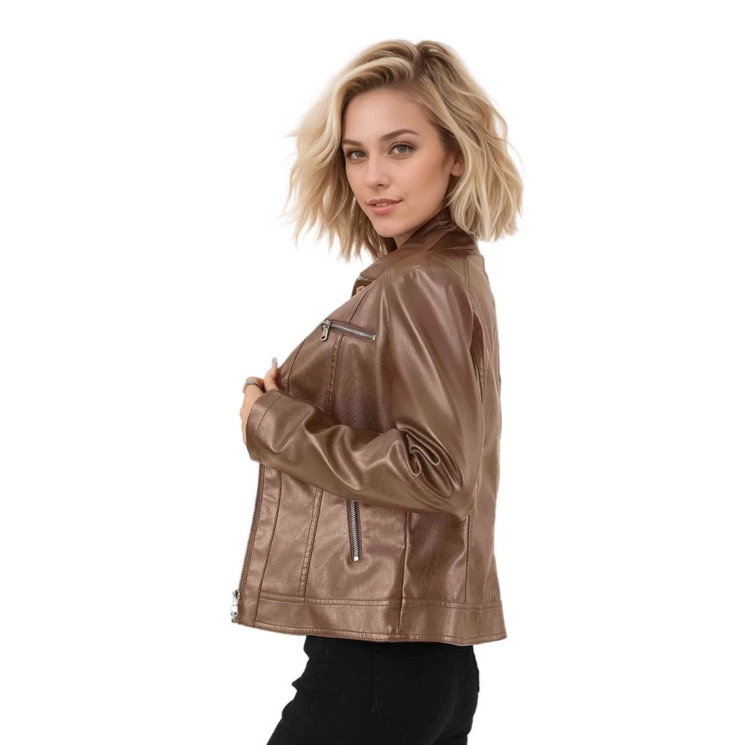 Burgundy Edge | Women's PU Leather Zipper Jacket FD - Image 5