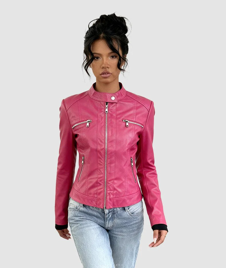 Burgundy Edge | Women's PU Leather Zipper Jacket FD - Image 8