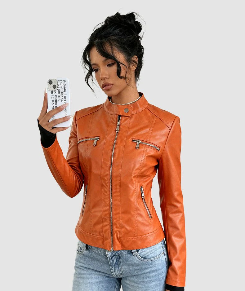 Burgundy Edge | Women's PU Leather Zipper Jacket FD - Image 9