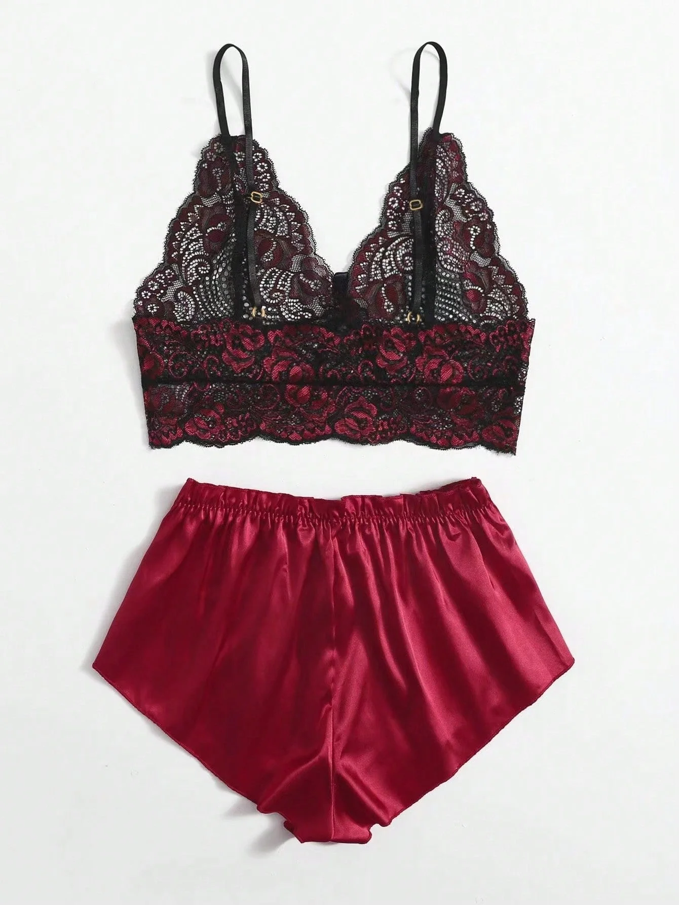 Burgundy Lace | Floral Lace Bralette with Satin Boyshorts Set - Image 2