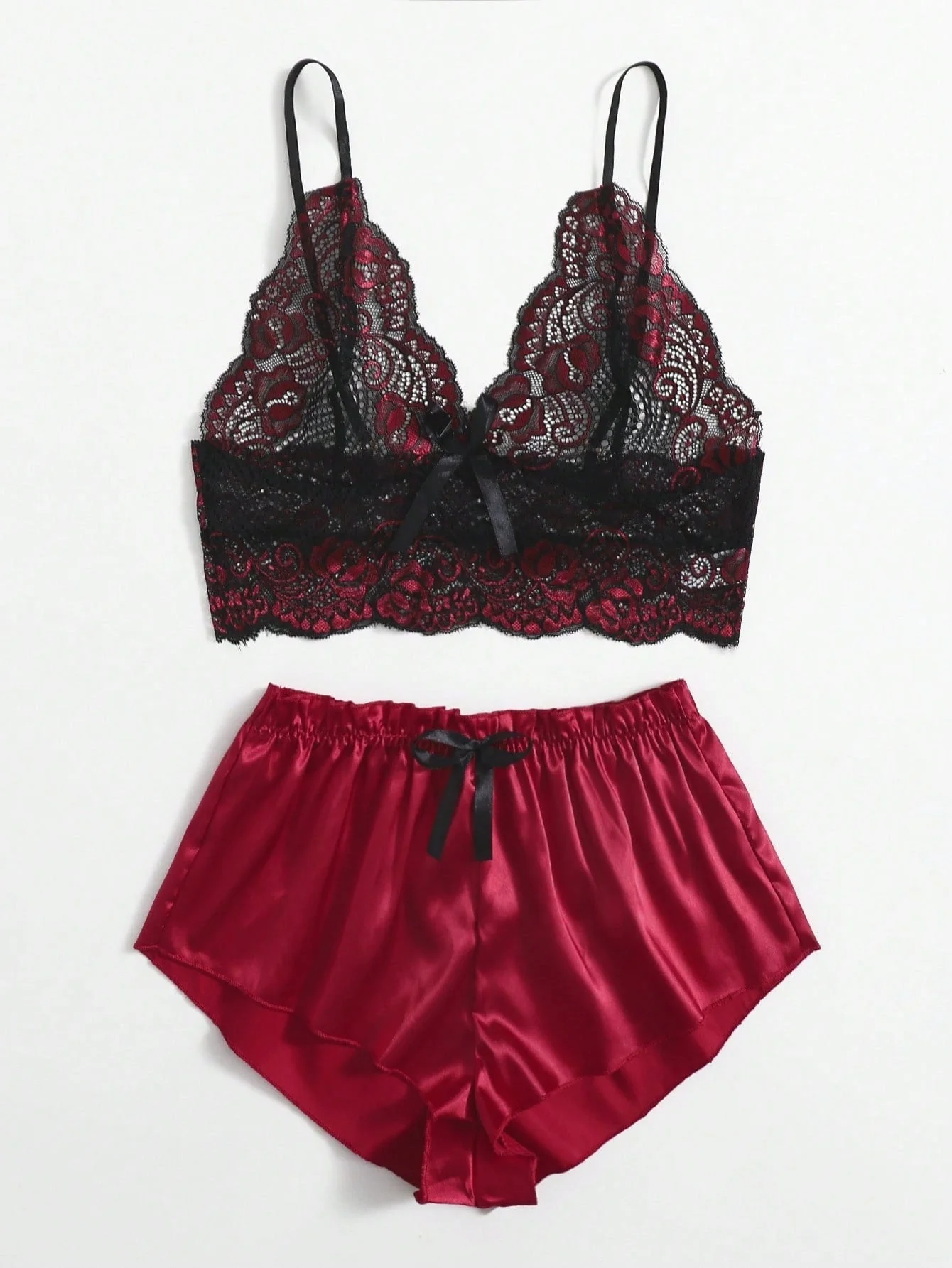 Burgundy Lace | Floral Lace Bralette with Satin Boyshorts Set - Image 3