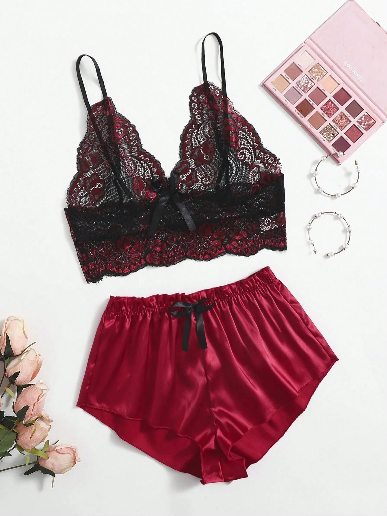 Burgundy Lace | Floral Lace Bralette with Satin Boyshorts Set - Image 6