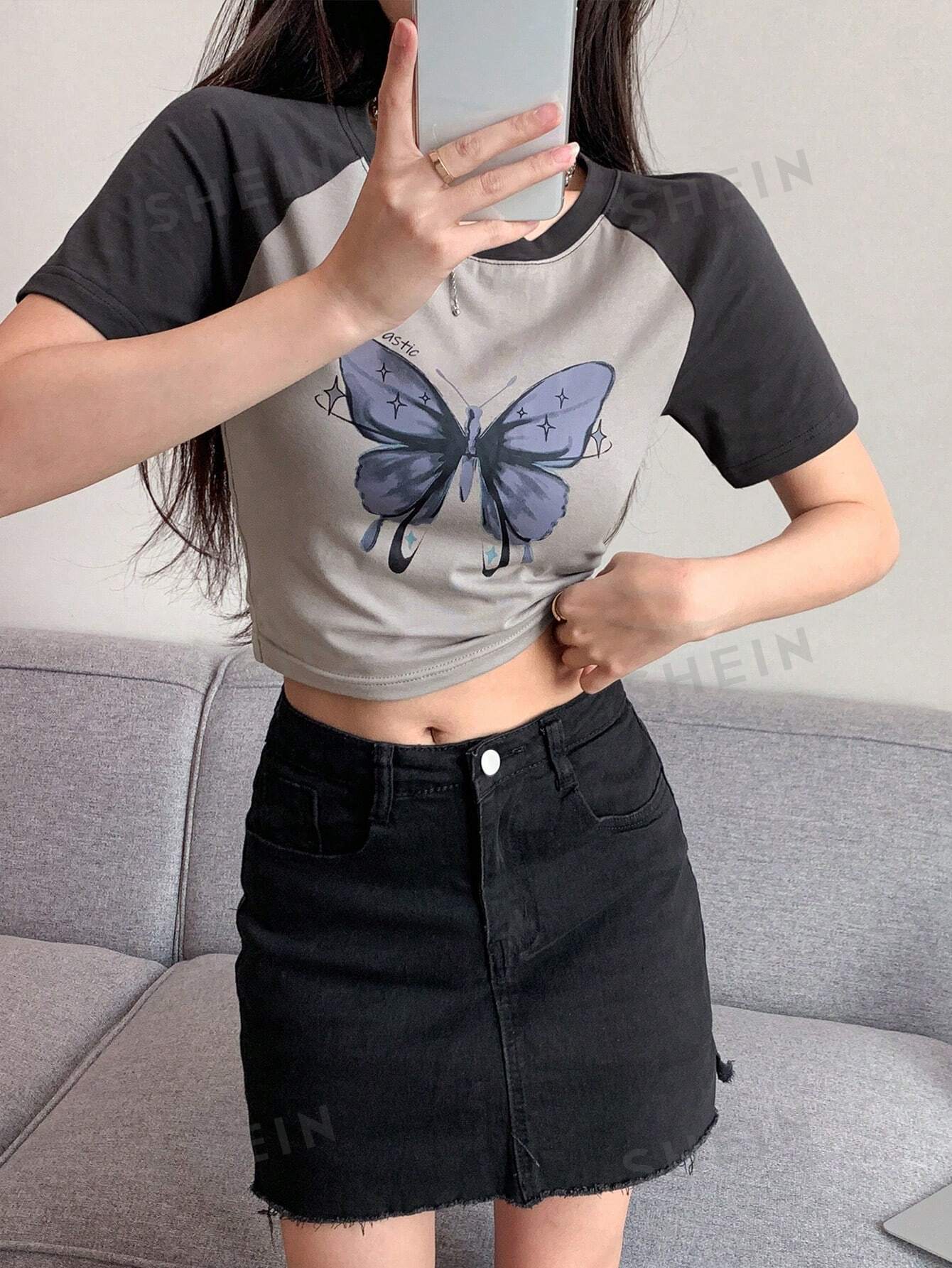 Butterfly Print Raglan Sleeve Crop Tee - Image 7
