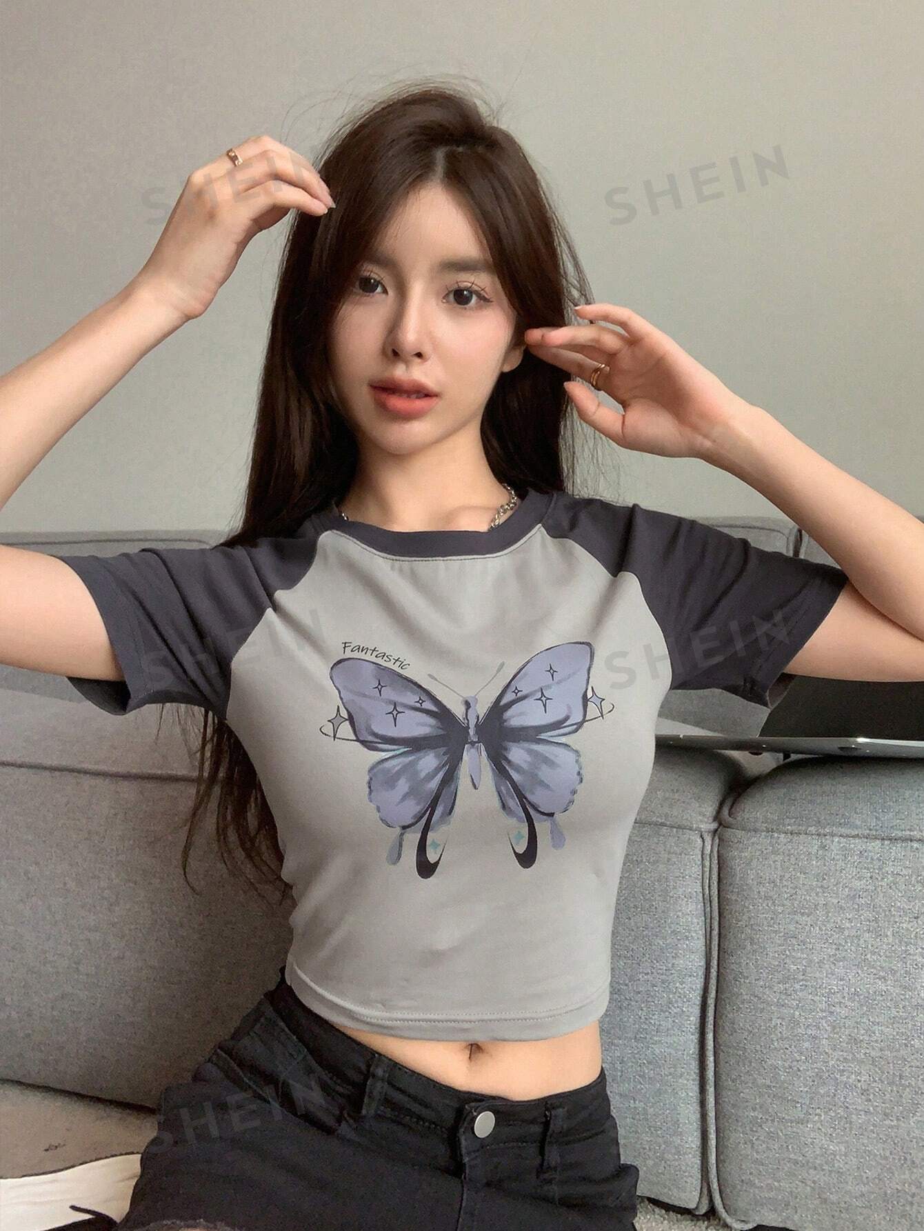 Butterfly Print Raglan Sleeve Crop Tee - Image 8