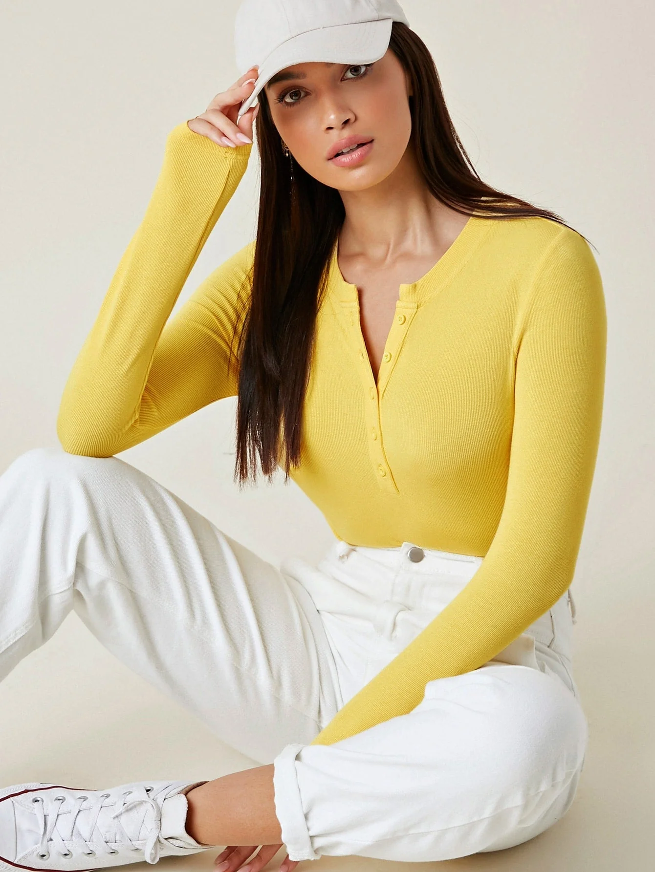 Button Half Placket Rib-knit Tee