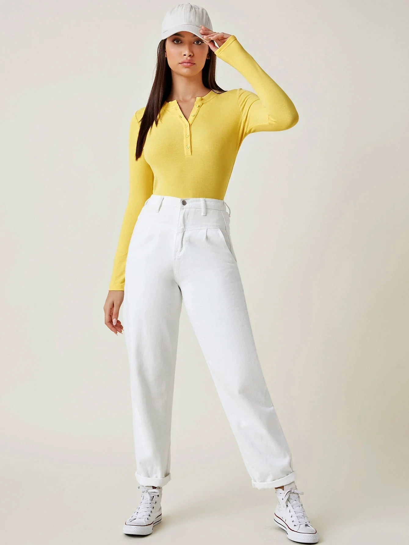 Button Half Placket Rib-knit Tee - Image 10