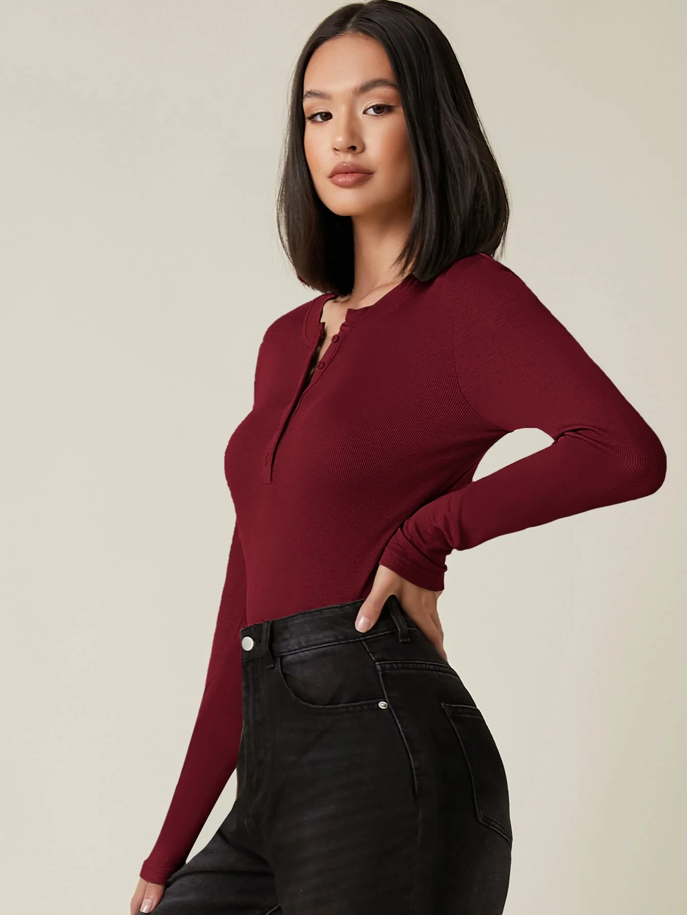 Button Half Placket Rib-knit Tee - Image 12