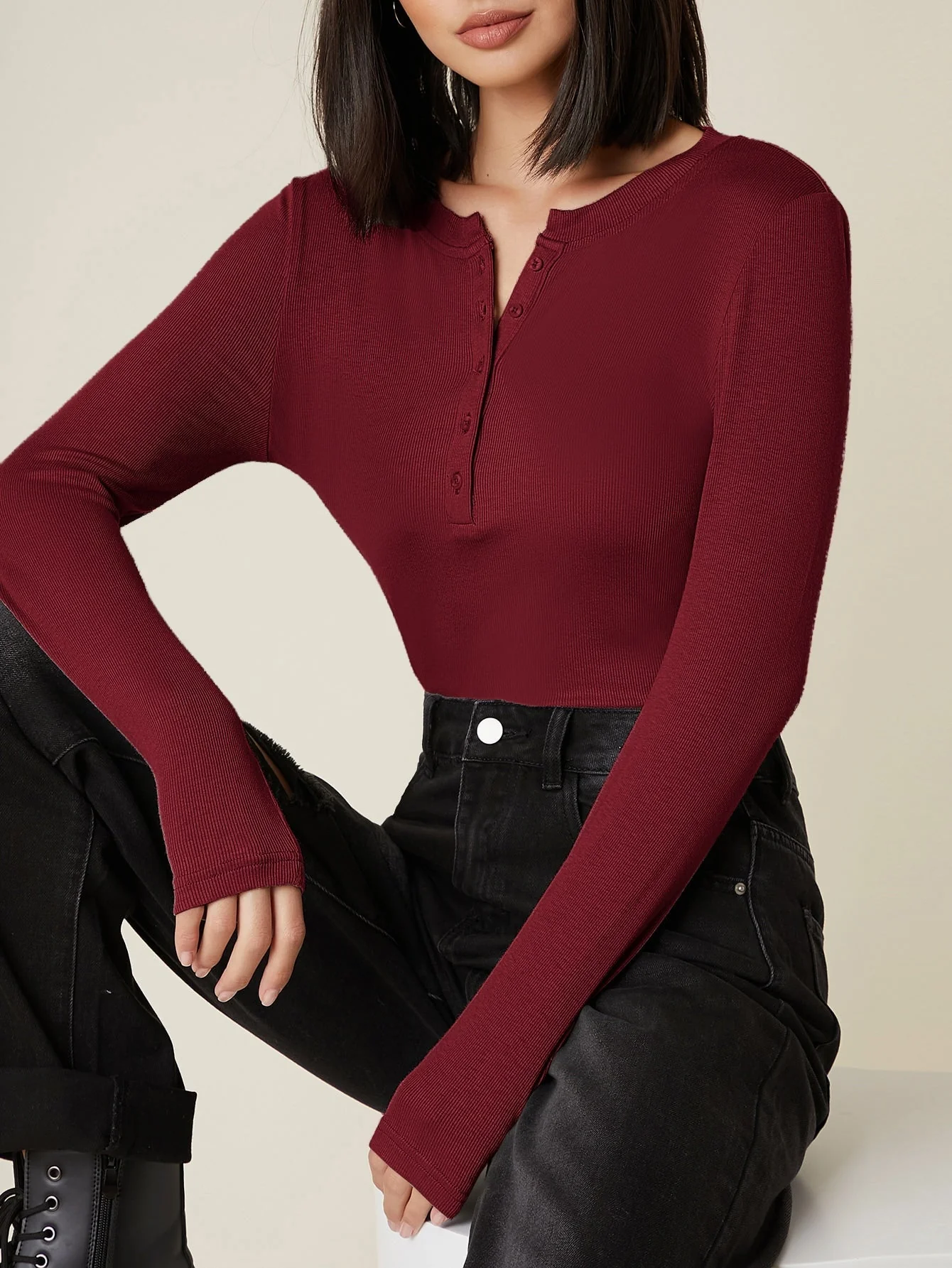 Button Half Placket Rib-knit Tee - Image 13
