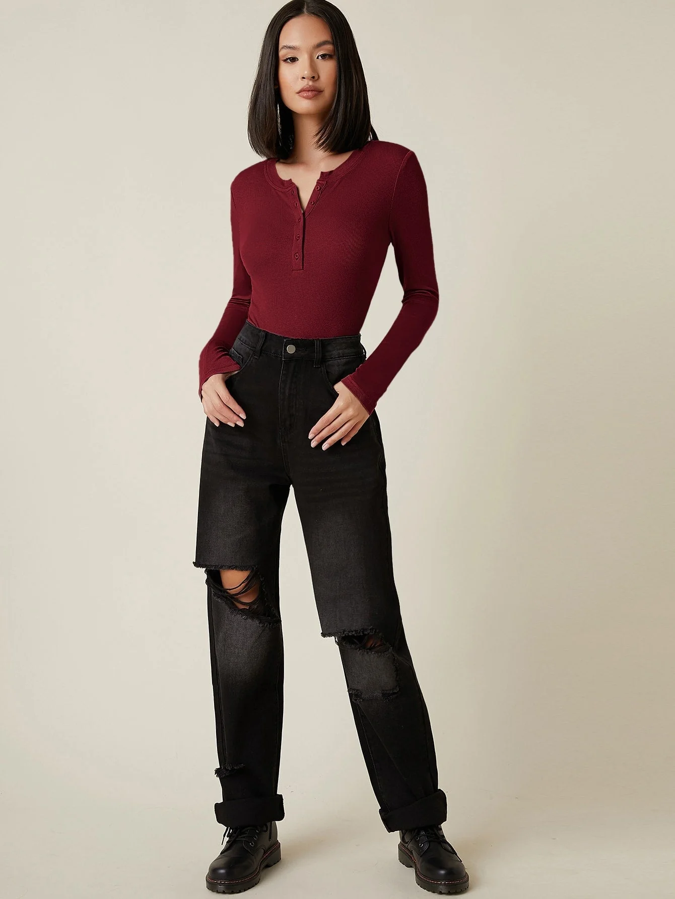 Button Half Placket Rib-knit Tee - Image 14