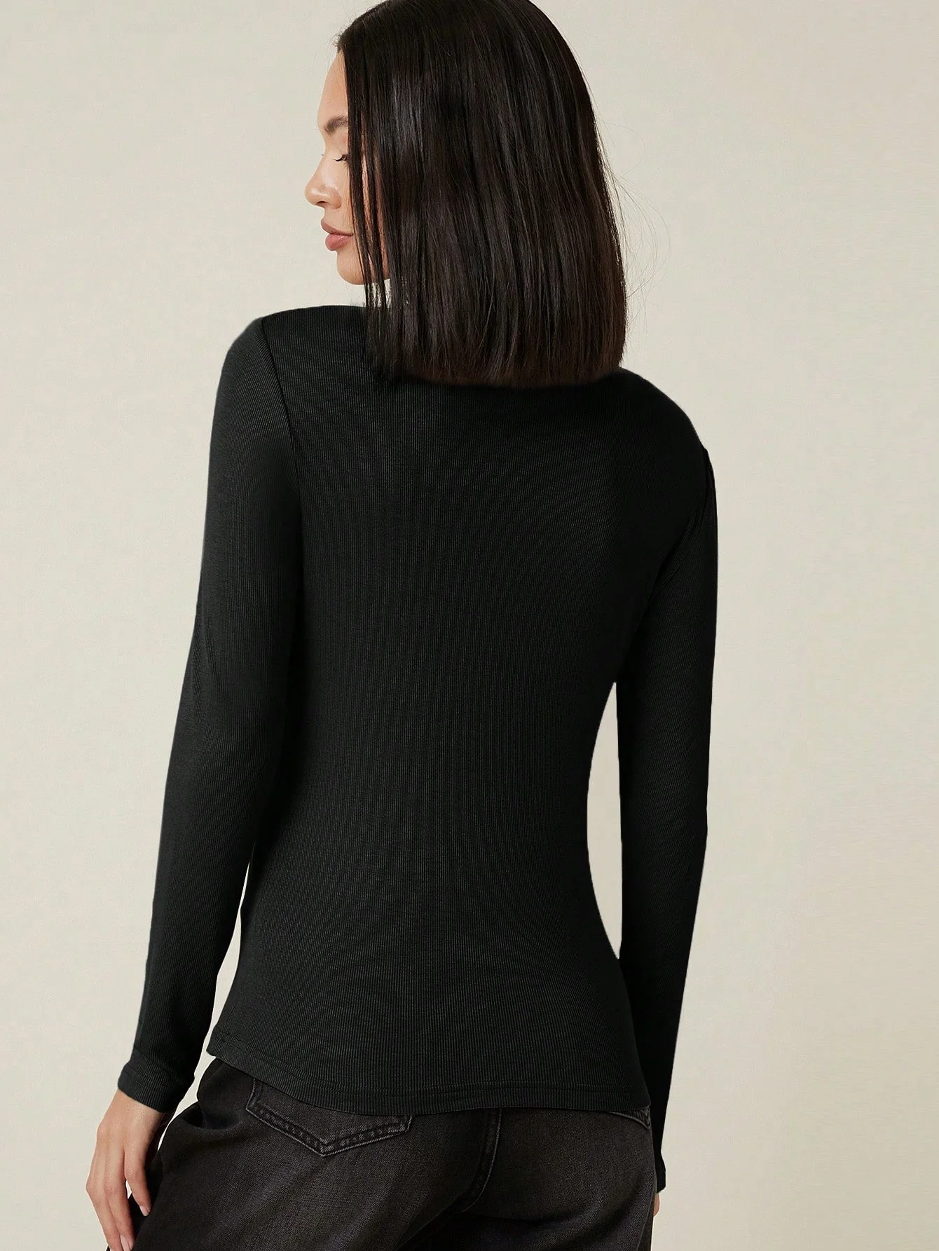 Button Half Placket Rib-knit Tee - Image 15