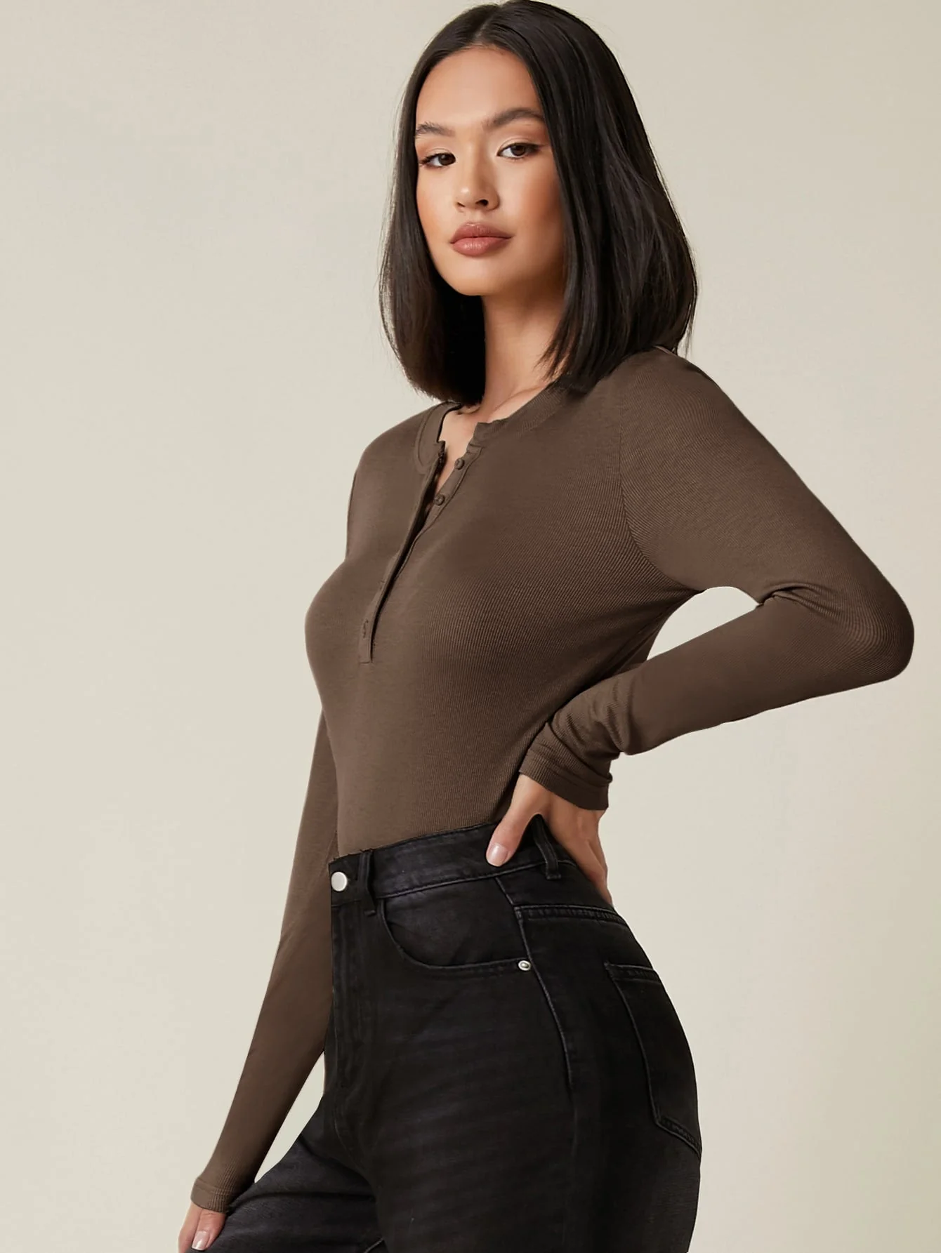 Button Half Placket Rib-knit Tee - Image 21
