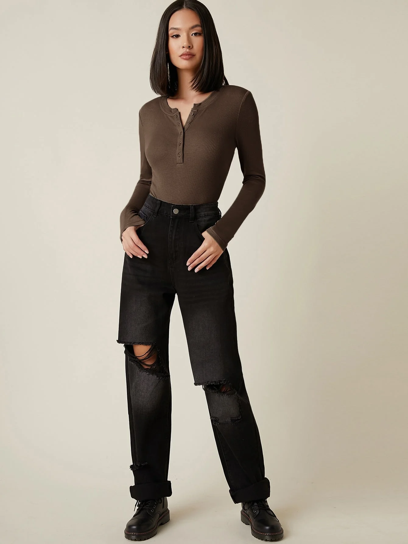 Button Half Placket Rib-knit Tee - Image 23