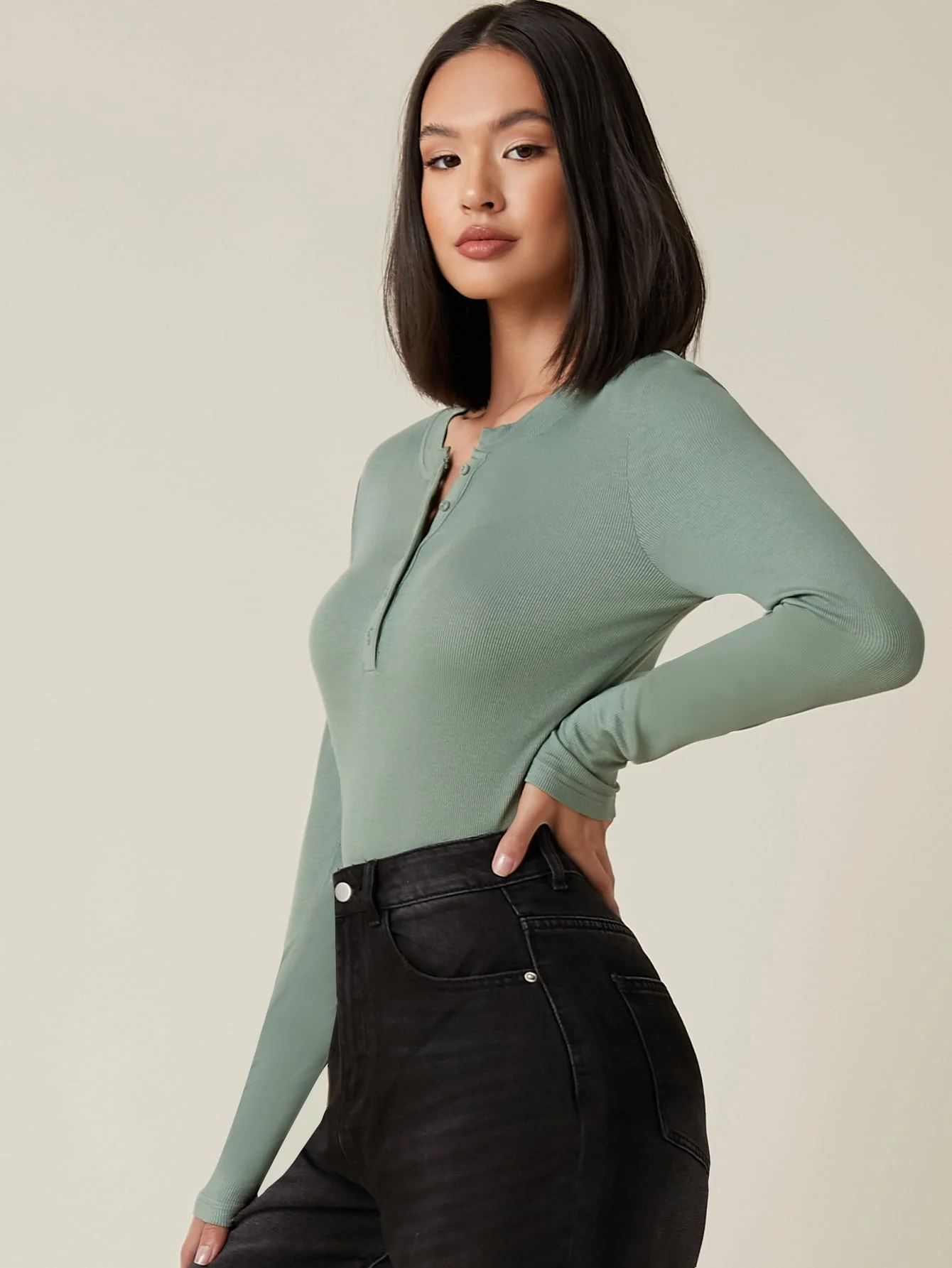 Button Half Placket Rib-knit Tee - Image 25