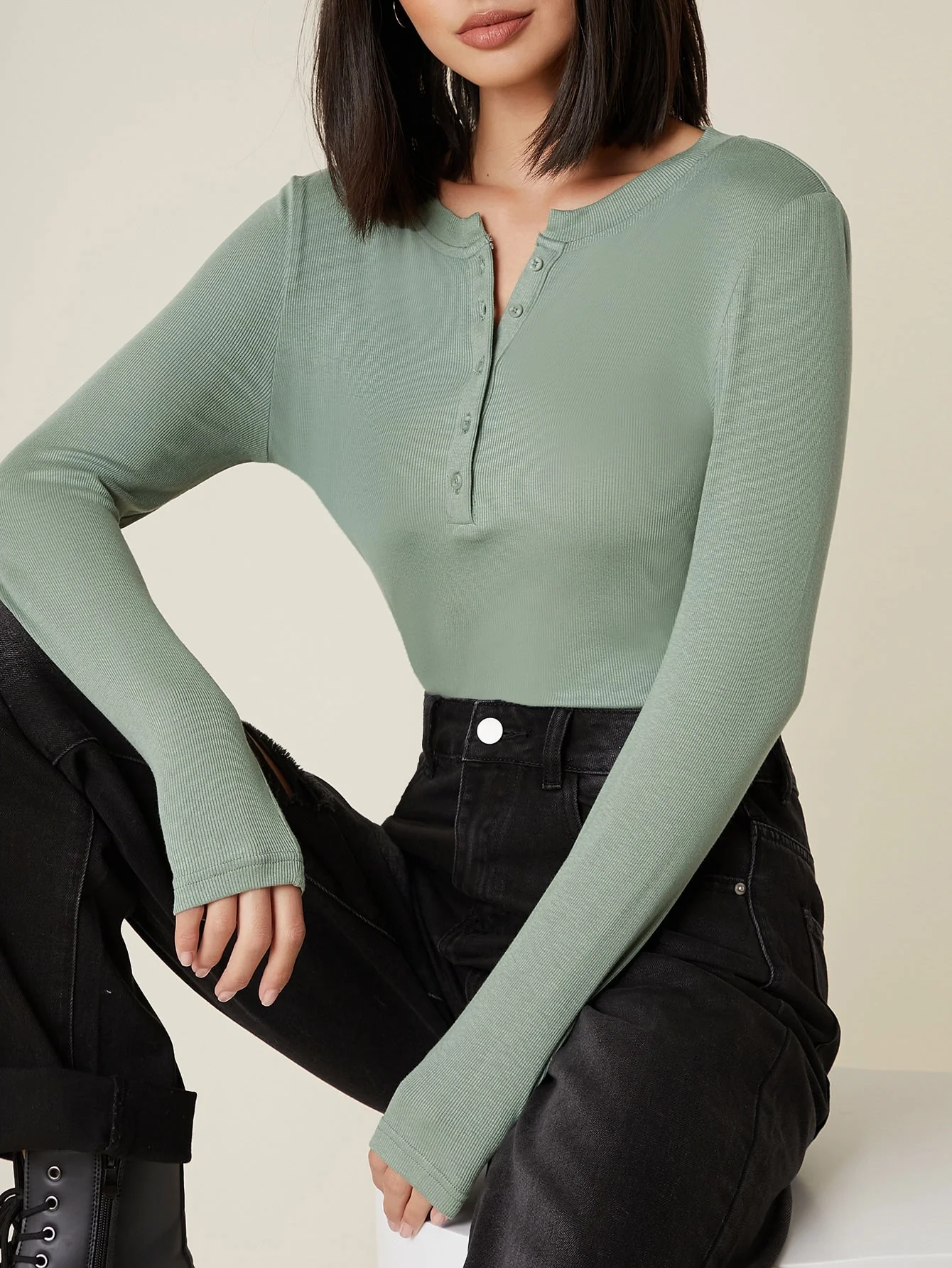 Button Half Placket Rib-knit Tee - Image 26