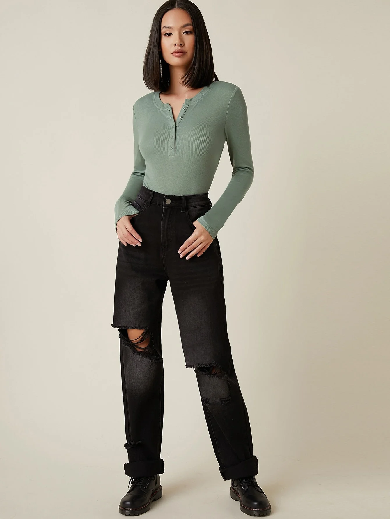 Button Half Placket Rib-knit Tee - Image 27