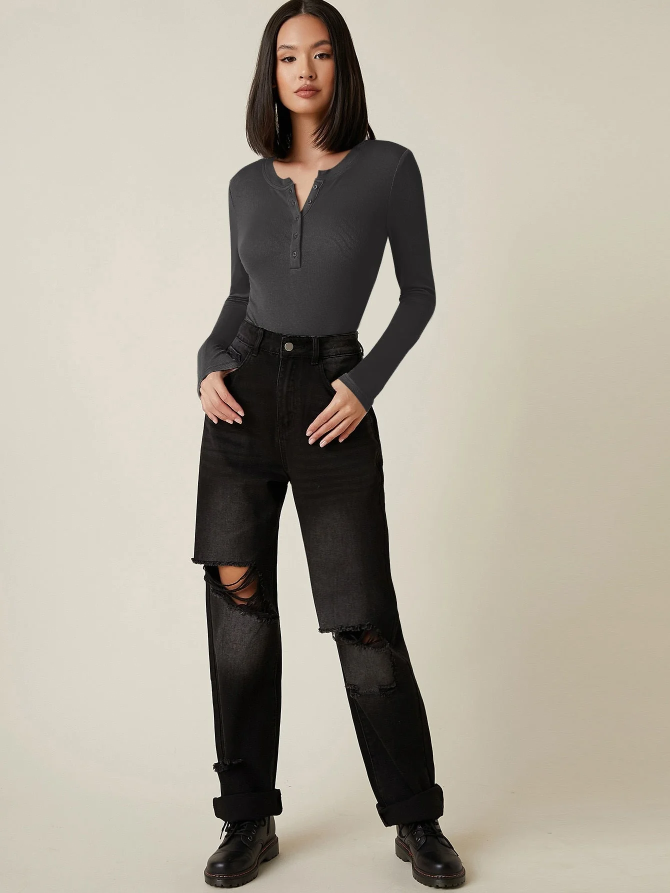 Button Half Placket Rib-knit Tee - Image 30