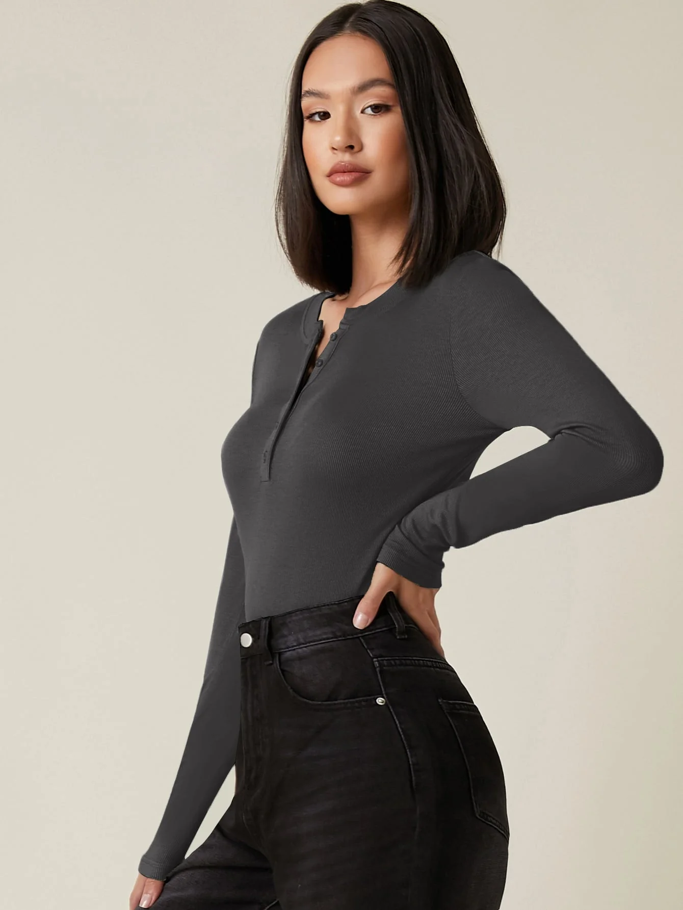 Button Half Placket Rib-knit Tee - Image 4
