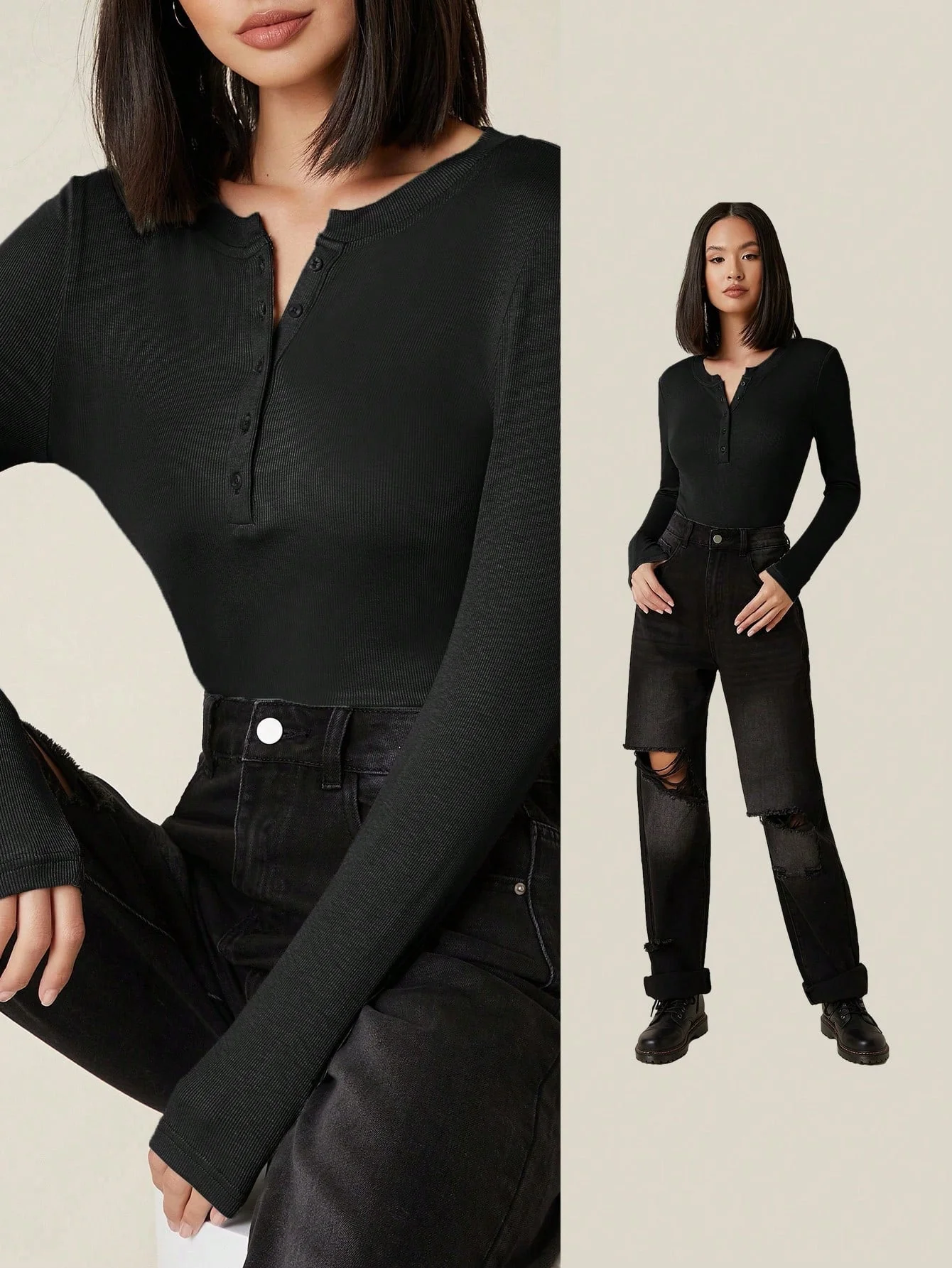 Button Half Placket Rib-knit Tee - Image 6