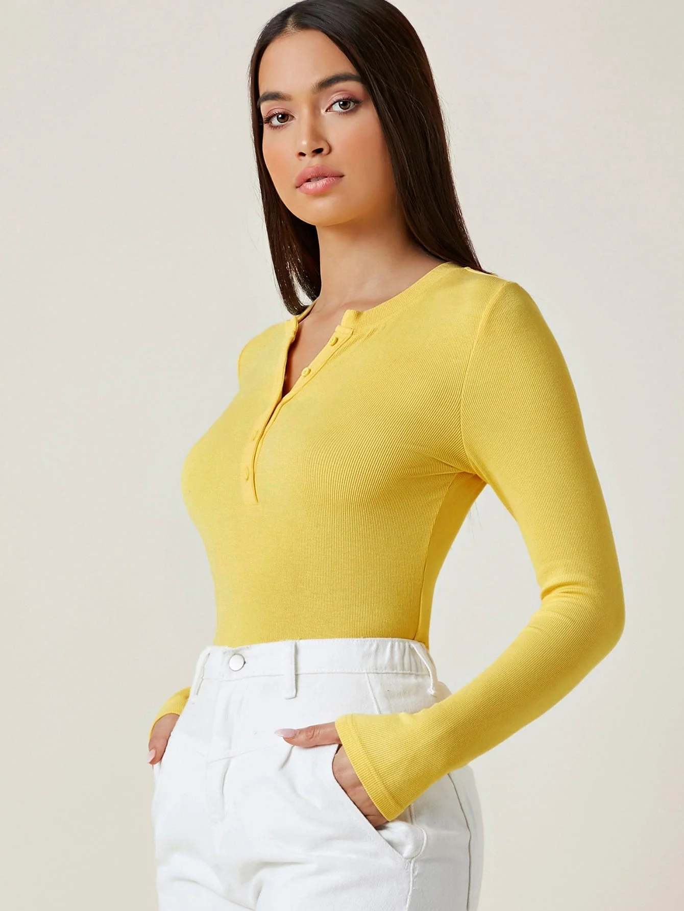 Button Half Placket Rib-knit Tee - Image 8